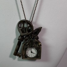 Quartz Pendant Watch & Key on Chain Antique Design Guardian Angel  Victorian 