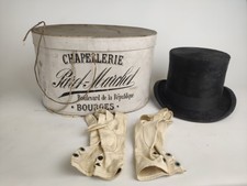Ancien chapeau haut de forme et gants cuir en boite d'origine