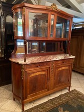 Buffet deux corps fond de miroir plateau marbre décor marqueté bronze Louis XVI