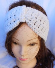 Bandeau cache - oreille headband blanc scintillant en laine  fait main