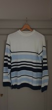 Pull long en coton blanc rayé bleu ciel et marine taille M col rond