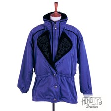 Vintage 80s Femmes Obermeyer Akasha Manteau 12 Violet Velours Bordure Ski Parka