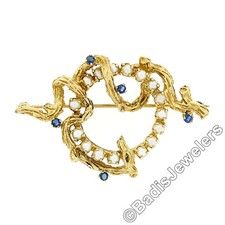 Vintage 14k or Jaune Perle & Saphir Écorce Texturé Lie de Vin Emballé Broche