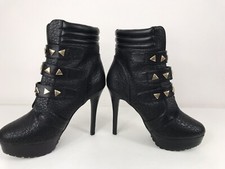 Robbin Texturé En Cuir Synthétique Plateforme Cheville Clous Sangle Talon Aiguille Noir UK4