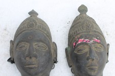 2 PC Antique Vieux Sud Inde Laiton Lady Tête Gravé Buste Tenture Murale NH938