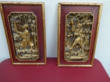 PAIRE DE PANNEAUX DE PORTE ANCIEN XIX eme  BOIS SCULPTE CHINE Dorure Personnages