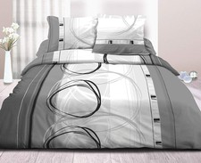 180 TC 100% Coton Imprimé Double Drap de Lit Avec 2 Housse Oreiller Blanc & Gris
