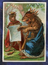 chromo animaux humanis�s Fable de La Fontaine Le lion & Le Leopard Vintage card