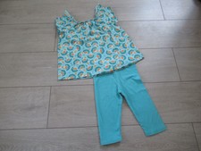 tenue d'été fille : tee-shirt éventails bleu turquoise + pantacourt taille 3 ans