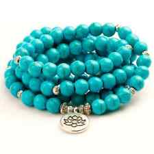 Collier sautoir howlite turquoise grande longueur pendentif lotus bracelet mala