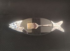 Plat Salmon Poisson Pelle Gravée Argenté Oval Verre Grande Fruit de Mer vintage 