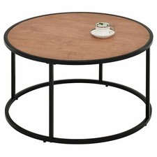 Table basse ronde plateau décor chêne sauvage et cadre en métal noir