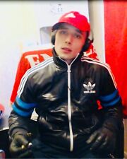 Super Rare Vintage Adidas Chile 62 Veste Simili Cuir Glanz Noir Brillant Bleu M