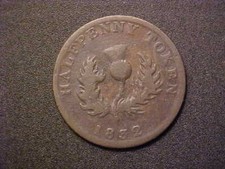 1832 NOVA SCOTIA HALF PENNY TOKEN -NS-1D2 LONG RIGHT RIBBON! -d1550qht