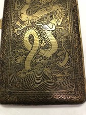 Antique Golden Brass Oriental Chinese Dragon Pagoda Scene Cigarette Money Case