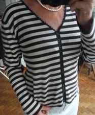 Pull 123 1.2.3 42/44 rayures noir rose presque crème avec perles tubes brodés