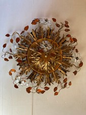 Grand plafonnier / applique à 9 feux fleurs métal doré design Banci Italy Murano