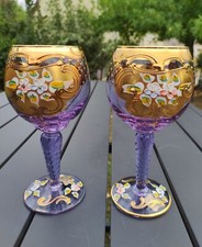 Lot 2 verres Trefuochi Déco à pied Murano. Motifs floraux soufflé & peint main