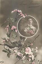 CP DOUX SOUVENIR MOUSTACHU EN MEDAILLON OISEAUX DANS BRANCHES FLEURIES