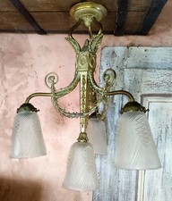 Lustre ancien en bronze Laurier Guirlande palmette et verre préssé pomme de pin