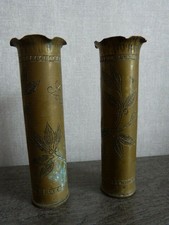 2 DOUILLES D’OBUS DE GUERRE LAITON SCULPTÉ Art Artisanat Poilu Tranchée(s01)