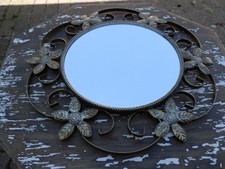 MIROIR ROND FEUILLES VINTAGE METAL DORE