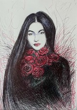 ENARA Art deco toile tableau peinture stylo bille Femme bouquet roses rouges 