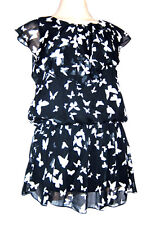 Noir/Blanc Mousseline Imprimé Papillon Froufrou Mini Robe / Tunique Doublé UK 12