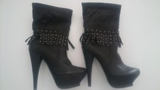 Nice New Femme Fille Noir Frange Bottes Talon Haut Taille 3 Taille EU 36