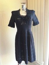 BENINO Magnifique Robe Maille Pull Laine Bleu Foncé Marine Perles Taille 1