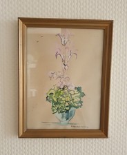 Aquarelle sous cadre Vase fleurs XXème siècle signée Monique Augeix Thiéry 