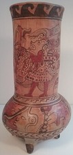 Pre Columbian Mayan Aztec Hand Painted Large Pottery Four Foot Vessel Vase