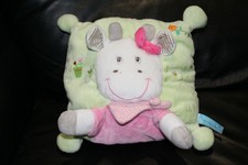 Doudou coussin vert vache blanc rose rayures grises BÉBÉRÊVE oiseau fleur pois 