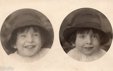 BJ483 Carte Photo vintage card RPPC enfant double portrait rond chapeau unusual