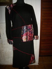 Tailleur jupe et pull maille polyester noir tissus bariolé  LEWINGER T3/46 15T6