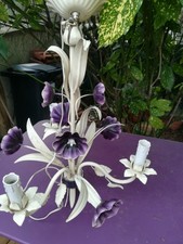 Lustre métal ou tôle peint fleurs ( anémones)  3 Branches Années 1970 Vintage