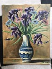 Tableau HUILE NATURE MORTE FLEURS CHAMPETRES Signé Hervé