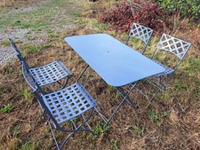 Ancien Salon de jardin fer forgé rectangulaire gris étain Table 4 Chaises