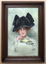 Tableau Ancien Huile Art Nouveau Berthier Portrait Femme Mode Chapeau Tasse Thé