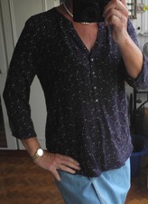 Blouse ESPRIT M 38/40 manches 3/4 bleu marine imprimé rose blanc étoiles planète