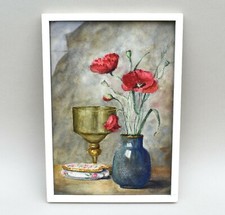 Ancienne aquarelle encadrée fleurs Coquelicot au vase bleu