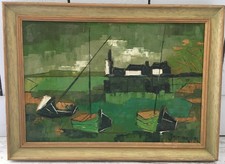 Huile signée dans l'esprit de Bernard Buffet paysage marin port bateau Bretagne