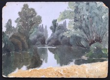 Magnifique Tableau Peinture Huile Paysage Verdoyant Arbres Rivière XXéme