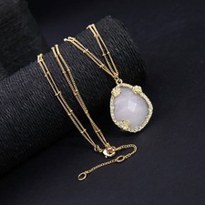 Collier Doré Mi Long Pendantif Goutte Pavé Quartz Rose Facetté Fleur DZ1