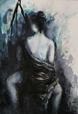 ENARA Art deco toile tableau peinture encre Femme nue de dos sensuelle "Volupté"