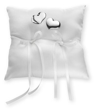 Coussin Porte-Alliances Cm.17x16 Mariage En Satin Blanc Avec Coeurs Argent 925%