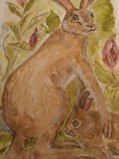  Peinture Aquarelle original lapin rabbit fleurs peint sur papier epais 21x 29cm
