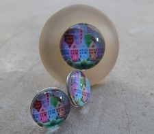 Parure bague bouton vintage boucles d'oreilles cabochons verre peinture naïve 