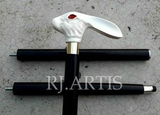 Bâton de marche en bois lapin blanc poignée de tête en aluminium canne de...