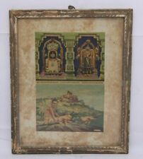 Vintage Ancien Hindou Lord Shiva ,Parvati Et Ganesha Litho Imprimé En Cadre Bois